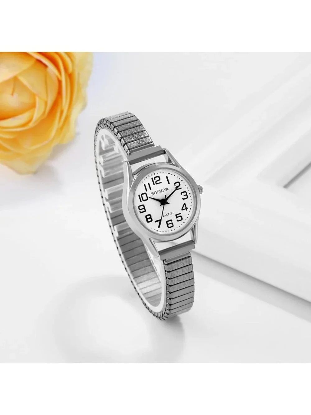 Women's Silver Analog Quartz Small Dial Easy Reader Stretch Band Wrist Watch